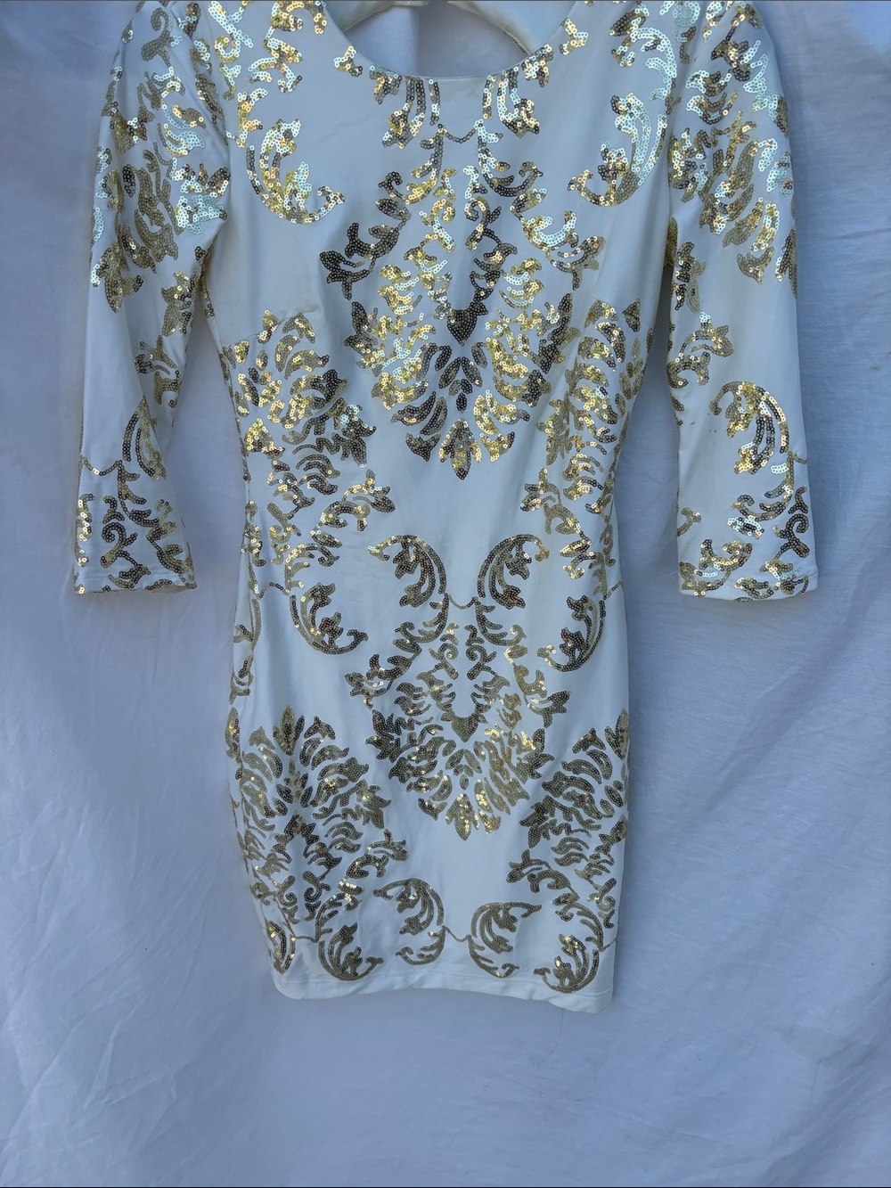 B Darlin White Mini Dress with Gold Sequin Baroque Accents